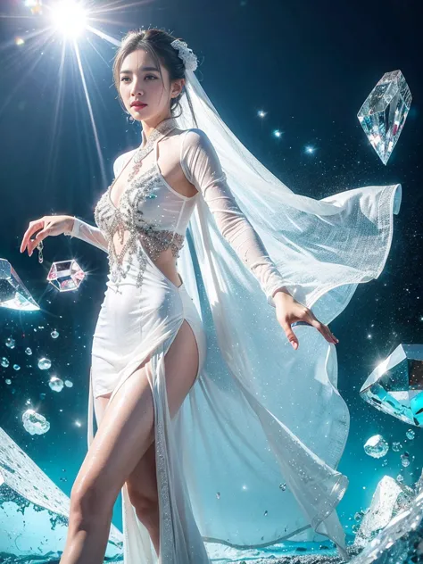 1girl,hanfu,full body,((water drops)),wet clothes,((beautiful detailed water)),((floating)),dynamic angle,(((crystals texture ha...