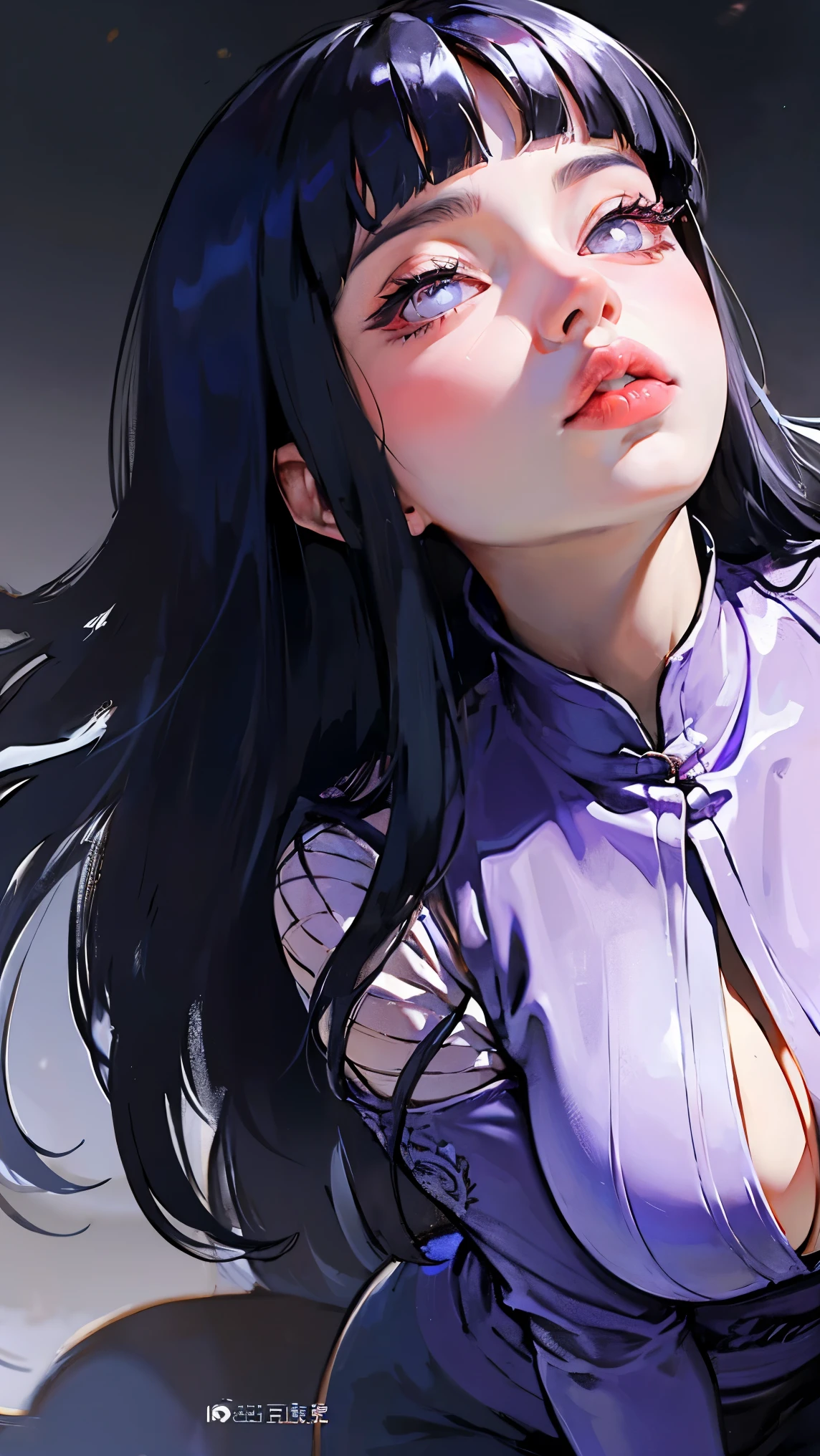 1girl, close up of face, adult, Hinata Hyuga, the last, shy girl, long black hair, blunt bangs, dark hair, Voluminous hair, lavender eyes, no pupils, Lavender Sleeveless Blouse, long black boots, navy blue shorts, Black translucent stockings, holster, bandage on thigh, open sandals, big breasts, wide hips, shapely legs, slim waist, masterpiece, best quality, Professional, realistic.