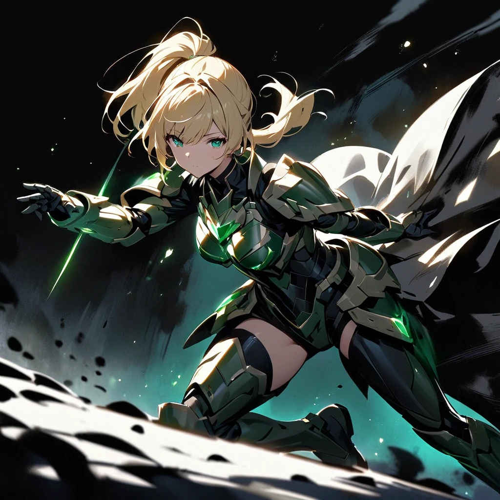 Top quality, masterpiece, beautiful girl,Blonde,ponytail,Particles of light,Armor that shines with emeralds,
powered armor, full armor, powered leg, sentai hero battle armor,ink painting, Lurking in the Shadows,Dark Night


