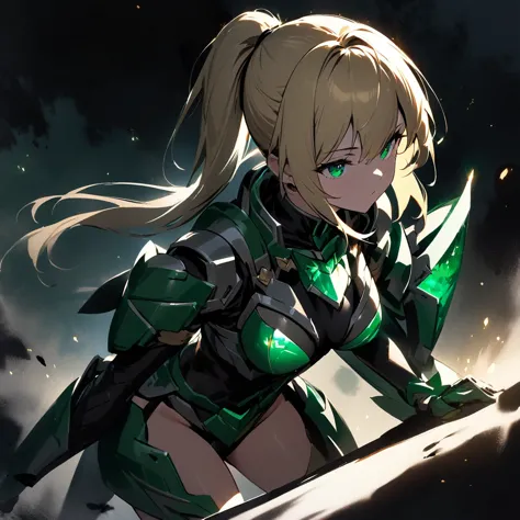 top quality, masterpiece, beautiful girl,blonde,ponytail,particles of light,armor that shines with emeralds,
powered armor, full...