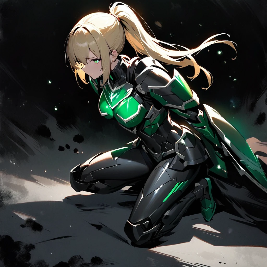 Top quality, masterpiece, beautiful girl,Blonde,ponytail,Particles of light,Armor that shines with emeralds,
powered armor, full armor, powered leg, sentai hero battle armor,ink painting, Lurking in the Shadows,Dark Night


