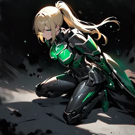 top quality, masterpiece, beautiful girl,blonde,ponytail,particles of light,armor that shines with emeralds,
powered armor, full...