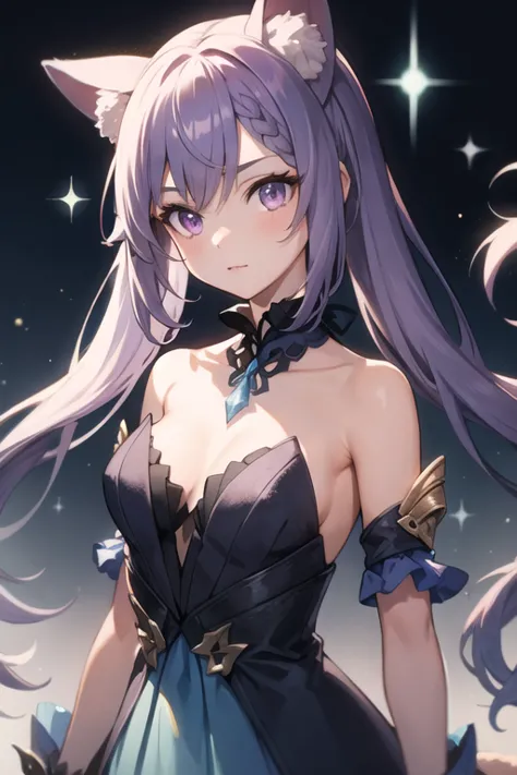 young girl with long light purple hair, purple eyes, fox ears, two crystal foxtails, and three crystal marks on the forehead