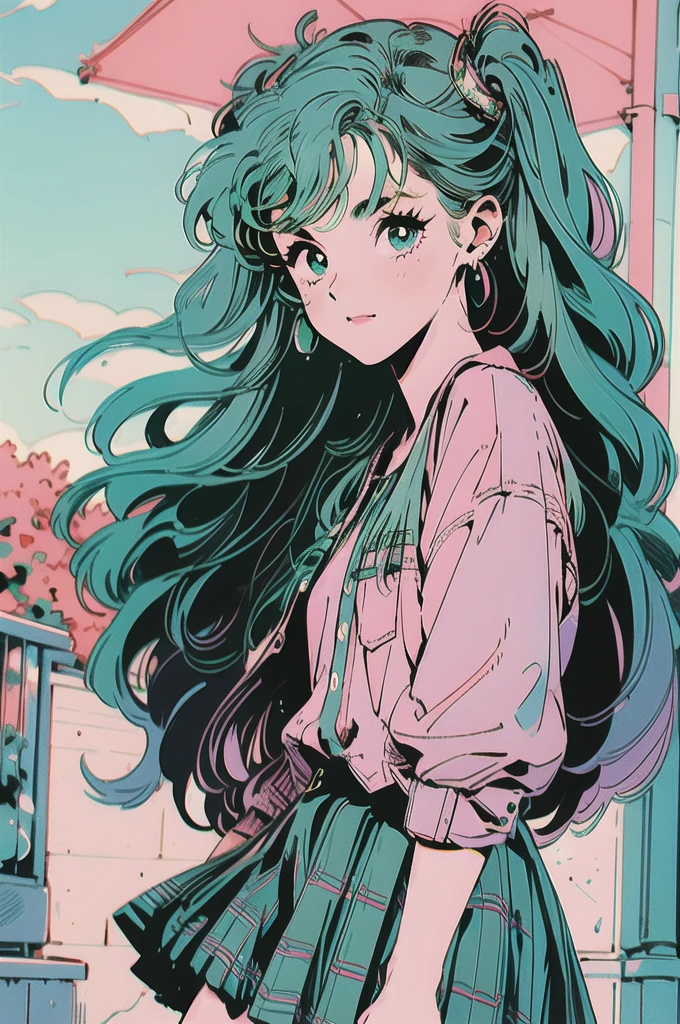 Volume hair, soft hair, emerald green hair and pink inner color, wavy hair, gradation hair, green hair, side braids, wavy hair, two side up, cloud hair, emerald green eyes, high school girl, Cheerful and active, blonde clip, loose socks, plaid skirt, holding smartphone, on the street, (best) quality, 4K, 8K, high resolution, masterpiece: 1.2), ultra-definition, bright colors, soft lighting