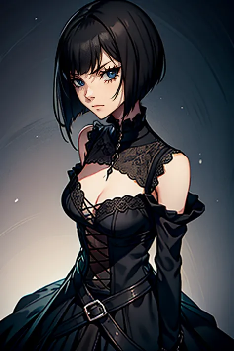 Slim gothic woman with short straight black hair, black eyes and wearing gothic clothing 