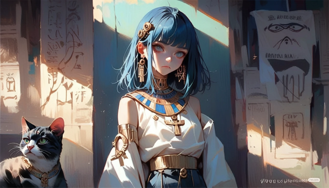 1girl，Artist Name，Egyptian cat，Blue Hair，skin，Keep your mouth shut，Wear，whole body，solo，Standing，Cat&#39;s Tail，埃及Catwoman神, bet, Wearing golden cat armor, Catwoman, Egyptian God, Neferibido, anime Catwoman, Hieroglyphics, Hieroglyphicsics, Pharaoh, Catwoman, Sora is a cat, tabaxi, Cat from the void