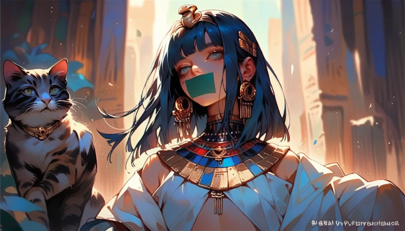 1girl，Artist Name，Egyptian cat，Blue Hair，skin，Keep your mouth shut，Wear，whole body，solo，Standing，Cat&#39;s Tail，埃及Catwoman神, bet, Wearing golden cat armor, Catwoman, Egyptian God, Neferibido, anime Catwoman, Hieroglyphics, Hieroglyphicsics, Pharaoh, Catwoman, Sora is a cat, tabaxi, Cat from the void