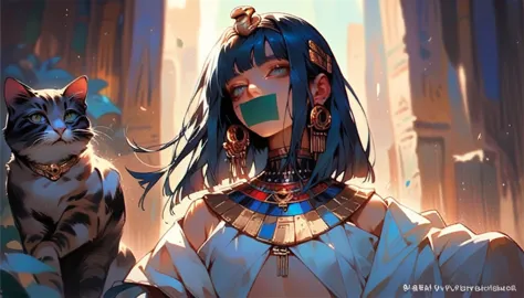 1girl，Artist Name，Egyptian cat，Blue Hair，skin，Keep your mouth shut，Wear，whole body，solo，Standing，Cat&#39;s Tail，埃及Catwoman神, bet...
