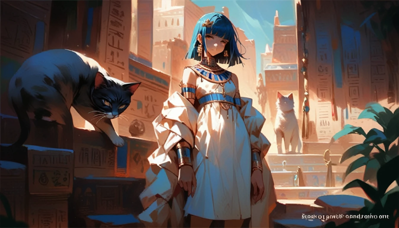 1girl，Artist Name，Egyptian cat，Blue Hair，skin，Keep your mouth shut，Wear，whole body，独奏，Standing，Cat&#39;s Tail，Egyptian Catwoman God, But, Wearing golden cat armor, Catwoman, Egyptian God, Non-febrile, anime Catwoman, Hieroglyphics, Hieroglyphicsics, Pharaoh, Catwoman, Sora is a cat, tabaxi, Cat from the void