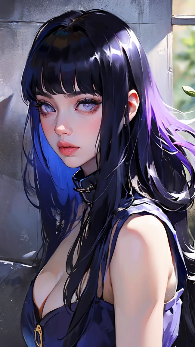 1girl, close up of face, adult, Hinata Hyuga, the last, shy girl, long black hair, blunt bangs, dark hair, Voluminous hair, lavender eyes, no pupils, Lavender Sleeveless Blouse, long black boots, navy blue shorts, Black translucent stockings, holster, bandage on thigh, open sandals, big breasts, wide hips, shapely legs, slim waist, masterpiece, best quality, Professional, realistic.