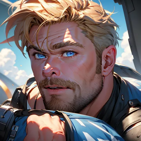 (masterpiece, best quality ), 1man chris hemsworth, muscular, short hair, blue eyes, blonde, cute, small mustache