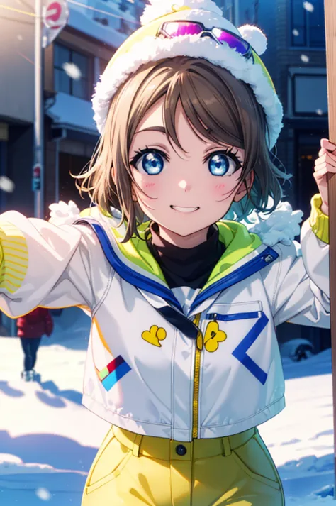 Yo Watanabe, Watanabe Yo, short hair, blue eyes, Brown Hair, smile, Grin,Yellow Wear、Outerwear is blue、Red trousers),Knitted hat...
