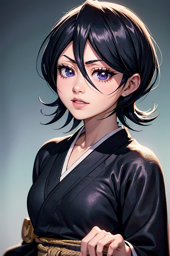 Incredible color strokes and detailed lighting, amazing detailed face, amazing detailed hair, incredible detailed eye, amazing detailed nose, amazing detailed lips. Face of a young and beautiful girl wearing a black kimono with her short black hair, and with a smile on her face rukia kuchiki.
