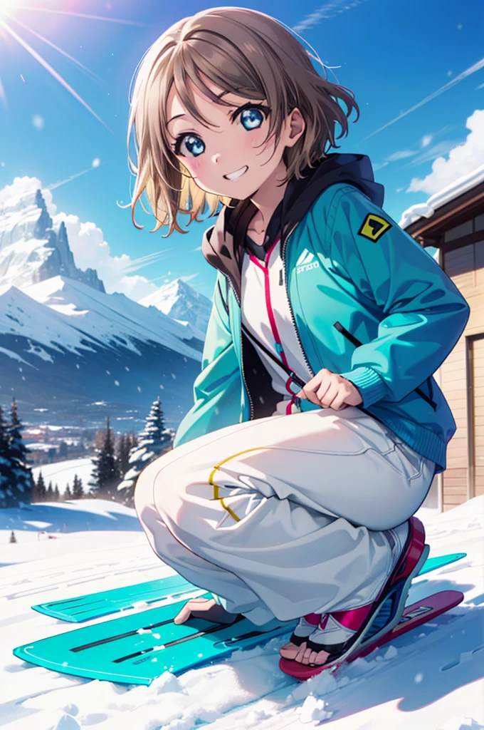 Yo Watanabe, Watanabe Yo, short hair, blue eyes, Brown Hair, smile, Grin,Yellow Wear、Outerwear is blue、Red trousers),shoes,One Girl,small ,1 、smile,()、(((Gliding from the summit)))、Ski resort on a sunny day、snow board、(((A girl is going down a slope on a snowboard)))(((snow boardを着る)))、whole bodyがイラストに入る,
BREAK ourdoors, Snow Mountain,
BREAK looking at viewer, whole body,
BREAK (masterpiece:1.2), Highest quality, High resolution, unity 8k wallpaper, (figure:0.8), (Beautiful attention to detail:1.6), Highly detailed face, Perfect lighting, Highly detailed CG, (Perfect hands, Perfect Anatomy),