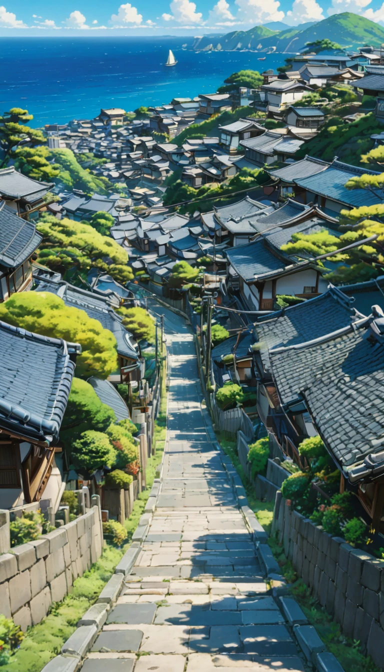 SDXL_2D_Zip, High resolution absurd images、Best quality anime aesthetic images、Image of a Japanese concrete road lined with traditional houses, A view leading to the blue sea、Ghibli-style painting style