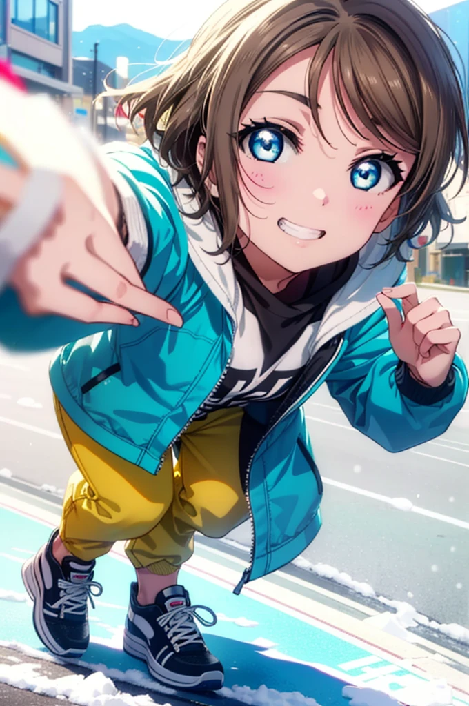 Yo Watanabe, Watanabe Yo, short hair, blue eyes, Brown Hair, smile, Grin,Yellow Wear、Outerwear is blue、Red trousers),sneakers,snow boardの上に乗ってスキー場を滑っている,(((Gliding from the summit)))、Ski resort on a sunny day、snow board、(((A girl is going down a slope on a snowboard)))(((snow boardを着る)))、whole bodyがイラストに入る,
BREAK ourdoors, Snow Mountain,
BREAK looking at viewer, whole body,
BREAK (masterpiece:1.2), Highest quality, High resolution, unity 8k wallpaper, (figure:0.8), (Beautiful attention to detail:1.6), Highly detailed face, Perfect lighting, Highly detailed CG, (Perfect hands, Perfect Anatomy),