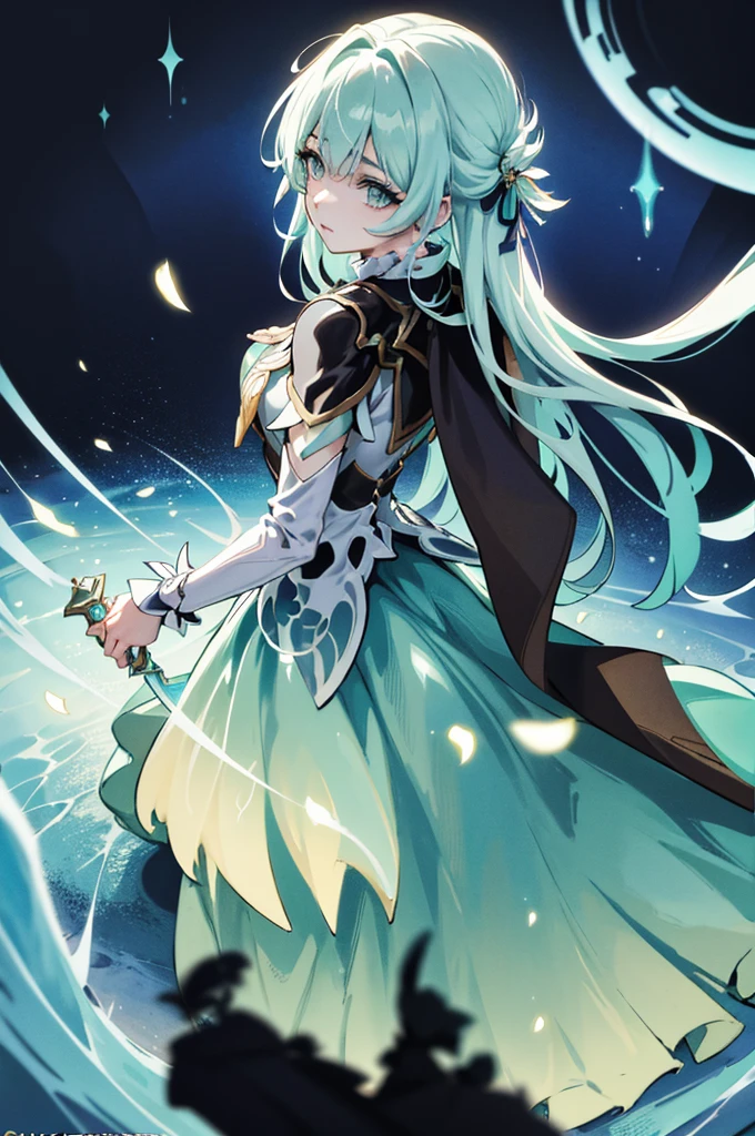 a picture of a woman in a dress with a sword and a sword, detailed key anime art, shadowverse style, in opal armor, high detailed official artwork, official artwork, sliver ice color reflected armor, clothed in ethereal armor, portrait knights of zodiac girl, splash art anime loli, ayaka genshin impact, white cyan