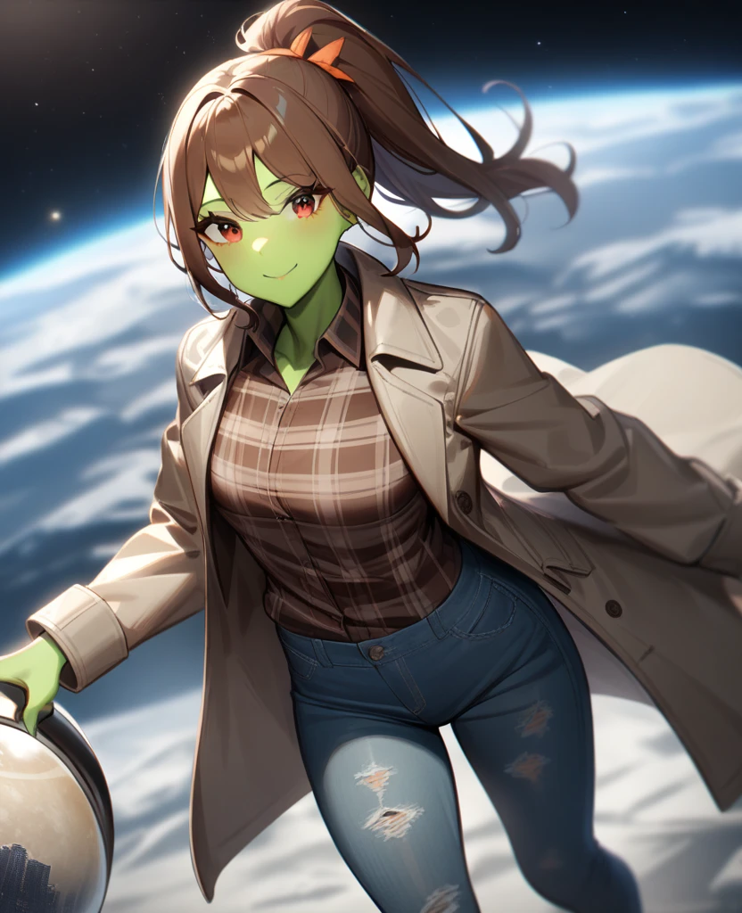 1girl,solo,red eyes,((brown hair:1.5)),ponytail,((light green skin)), very tall, tattered coat, grey coat, tan jeans, flannel shirt,cowboy shot,on moon, blue and grey saturn in sky,Science fiction,ultra-detailed,sharp focus,aesthetic,(best quality) smiling, giantess, 