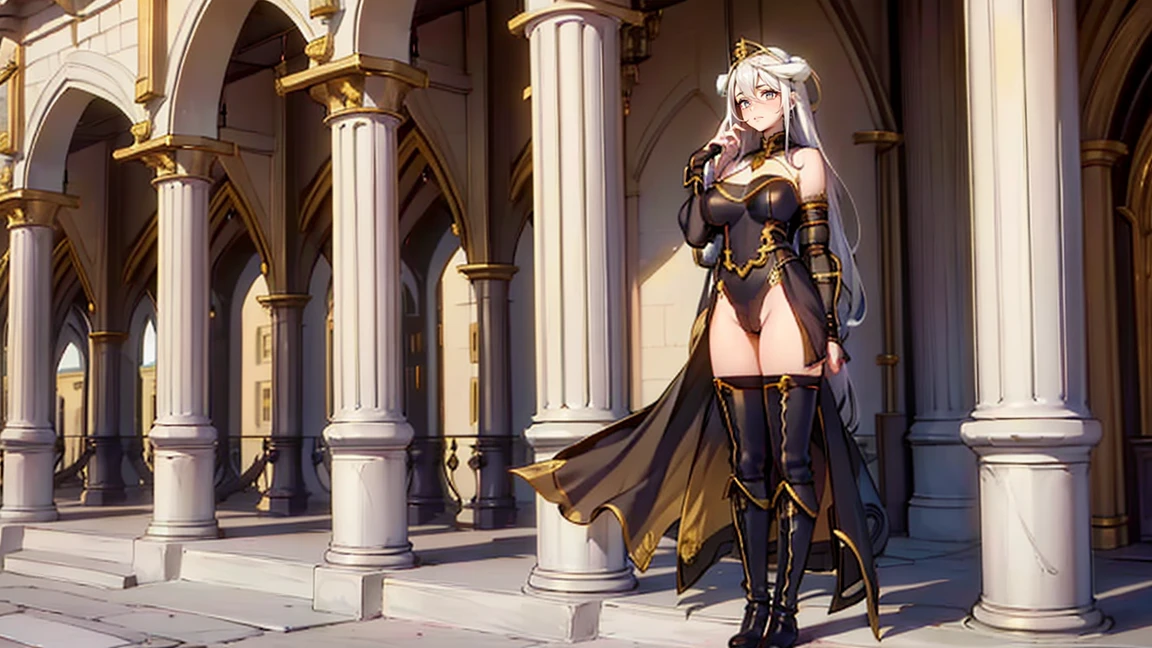 1 girl,20 years, Portrait of a girl, face accent, One,happy face,black and gold long dress,middle ,White hair,long hair,yellow eyes,Elf Ears, black small horns,white tights,Detailed long boots,golden tiara,Luxurious gold jewelry,(((standing on the porch of the castle)))