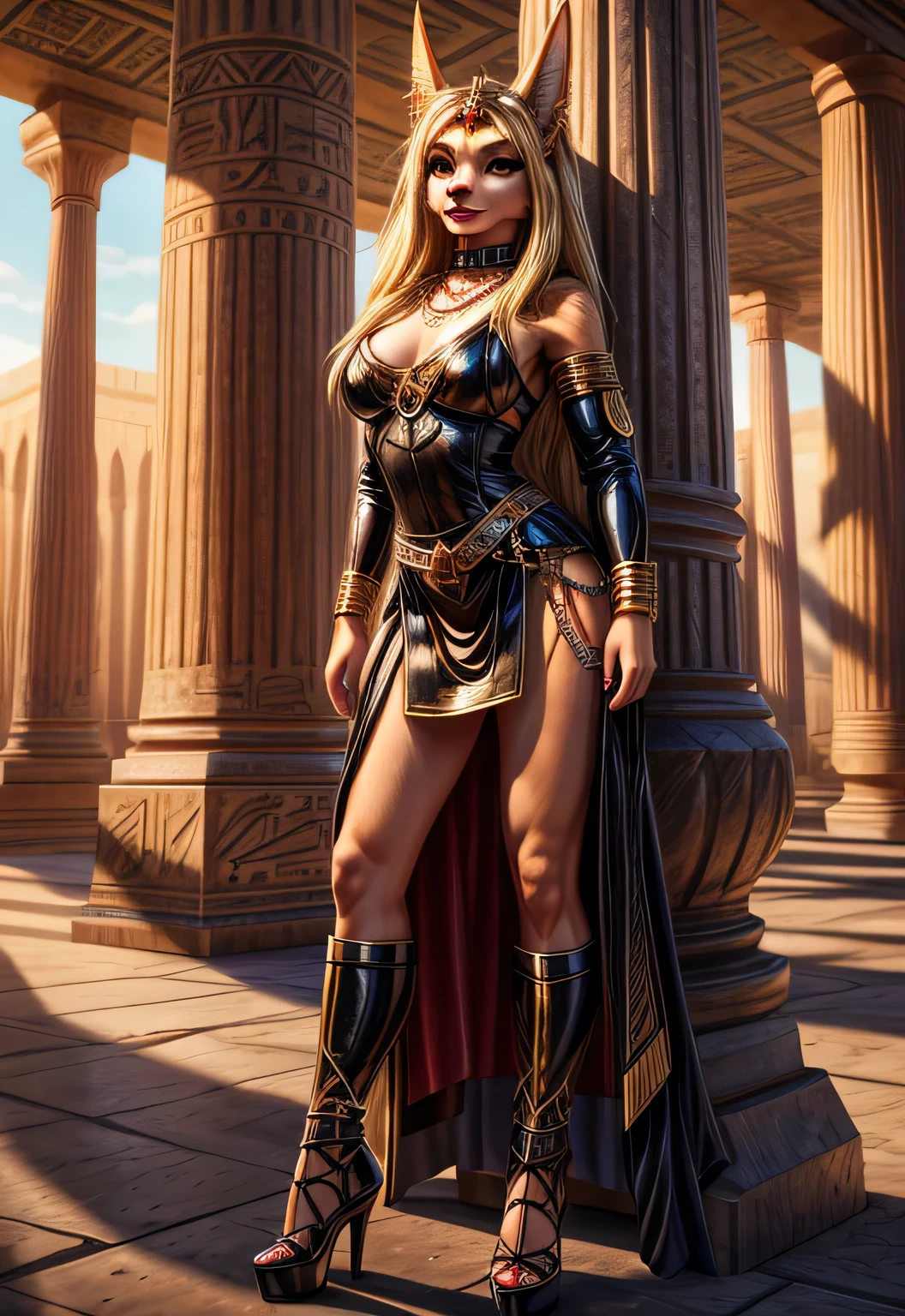 UHD 8k, HDR+, cute Black anthro female Jackal with a necklace, large piercing eyes, huge earrings, giant earrings, her long blonde hair falls over her shoulders, black high heel boots, high heels, black leather armor, Against the background of the Egyptian pharaoh's palace, detailed background, detailed background, realistic, 1girl, solo girl, 20 year old girl, ultra realistic face, hyperrealistic, hyperdetailed, (looking at viewers), sharpen, detailed face, detailed eyes, detailed lips, red lips, beautiful face, 16k, FHD, raw photo, cute face mesh, pretty face mesh, portrait shot 8 k