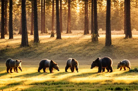 forest landscape with meadow, animals playing, bears, birds, rabbits, wolfs, masterpiece, high quality, realistic, golden hour, ...