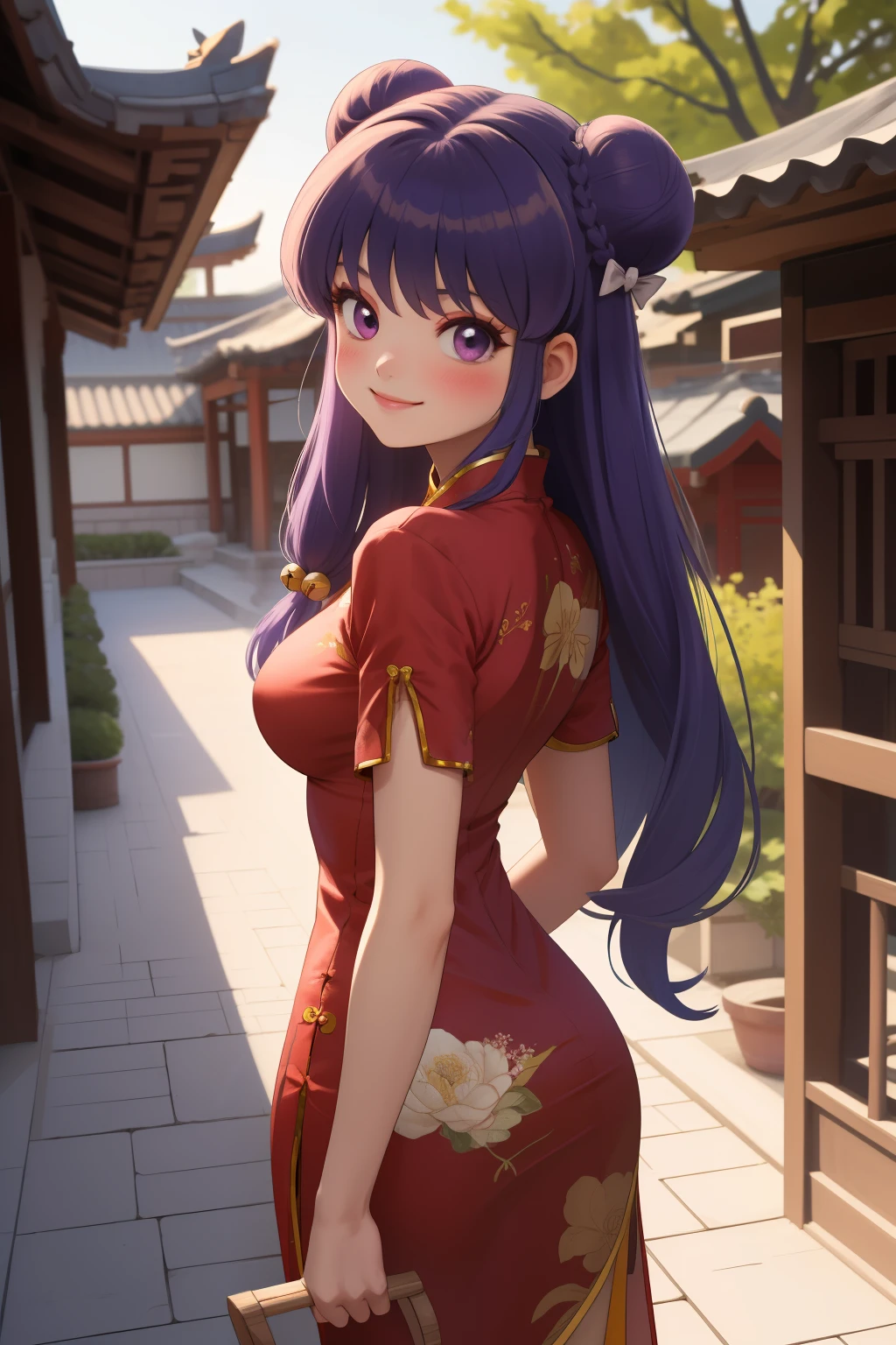 masterpiece, best quality, highres, ShampooDef, 1girl, solo, purple eyes, purple hair, hair bun, bell, double bun, jingle bell, long hair, breasts, blush, smile, bangs, hair ornament, bow, sidelocks, shampoo (ranma 1/2), dress, chinese clothes, red china dress, cowboy shot, arms behind back, looking at viewer, outdoors, chana town