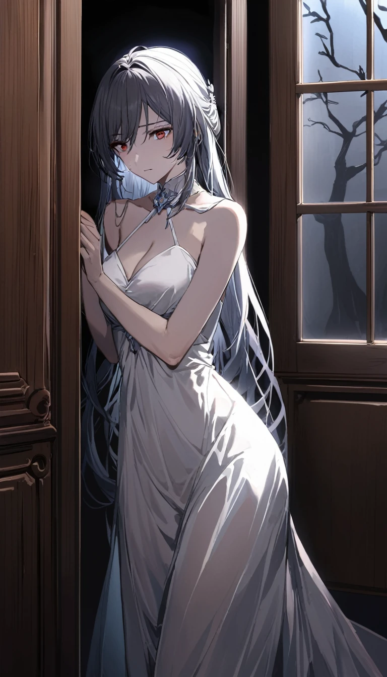 A tense and suspenseful scene showing Bai Lu, a beautiful woman with long, flowing hair and a graceful figure, hiding inside an antique wooden cabinet. The cabinet is slightly ajar, casting shadows on her face, which is filled with fear and anxiety. She is wearing a simple yet elegant dress that complements her delicate features. Her eyes are wide, and she is holding her breath, trying to stay as silent as possible. The room around her is dimly lit, with the faint glow of moonlight filtering through a nearby window. Outside the cabinet, a tall, muscular man with a determined look on his face is searching the room, his footsteps echoing menacingly. The atmosphere is thick with tension and anticipation.
