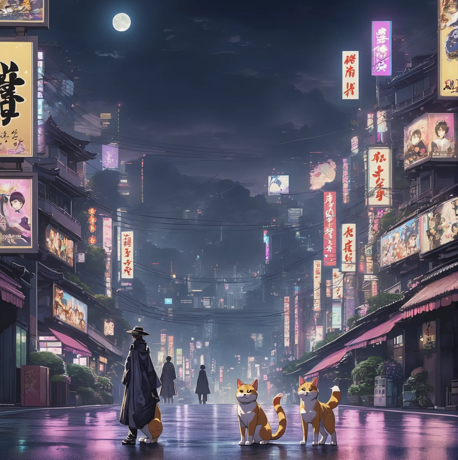 Há um gato em pé na estrada., Gato ataca Tóquio, Nekomimi, Coberto com anúncios chineses, Efeitos visuais poderosos à noite na cidade, inspirado em Shiba Kokan, (((Luke Chue))), inspirado em Miao Fu, Blade Runner em Chinatown, Detetive Pikachu, o gato está andando, mod de roupa de pele de Saints Row, estilo de pintura digital de anime