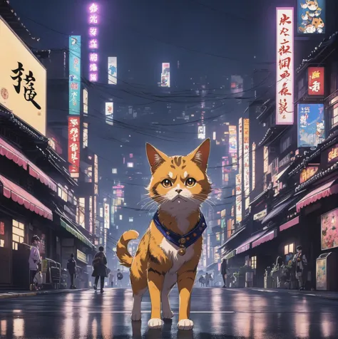 There is a cat standing on the road., Cat attacks Tokyo, Nekomimi, Covered with Chinese advertisements, Powerful vfx at night in...
