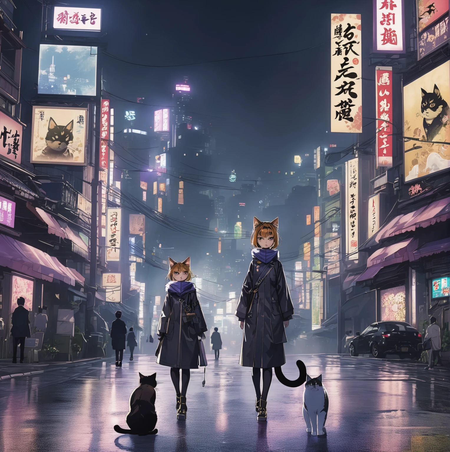 Há um gato em pé na estrada., Gato ataca Tóquio, Nekomimi, Coberto com anúncios chineses, Efeitos visuais poderosos à noite na cidade, inspirado em Shiba Kokan, (((Luke Chue))), inspirado em Miao Fu, Blade Runner em Chinatown, Detetive Pikachu, o gato está andando, mod de roupa de pele de Saints Row, estilo de pintura digital de anime