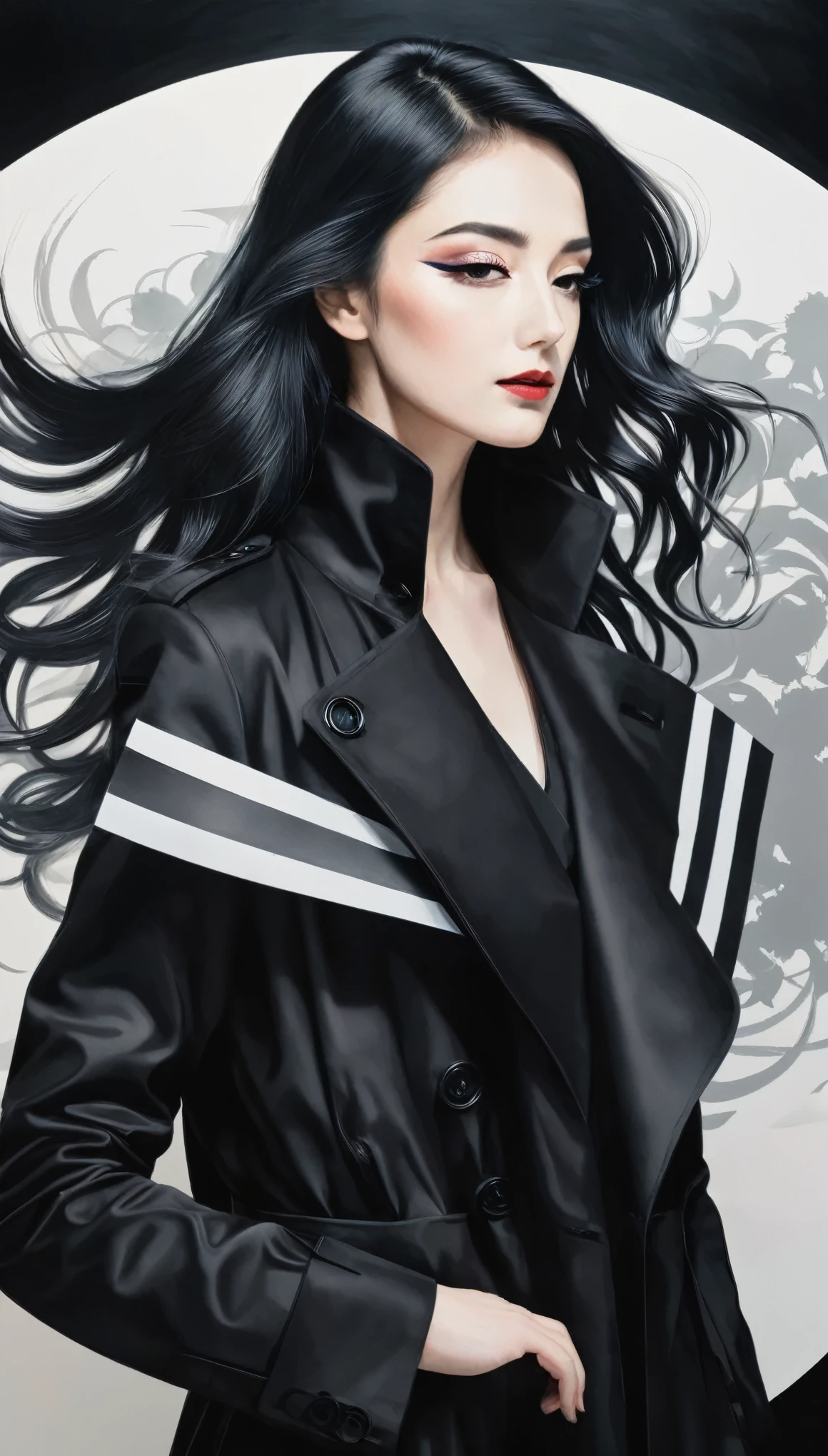 gradient artwork, fusion of watercolors and oil paintings, fusion of paper cutting and shadow puppetry, mix of monochrome and color, best quality, super fine, 16k, 2.5D, delicate and dynamic depiction, Solid black, white lines, person wearing a black trench coat, prime lenses, lens filters, clear subject