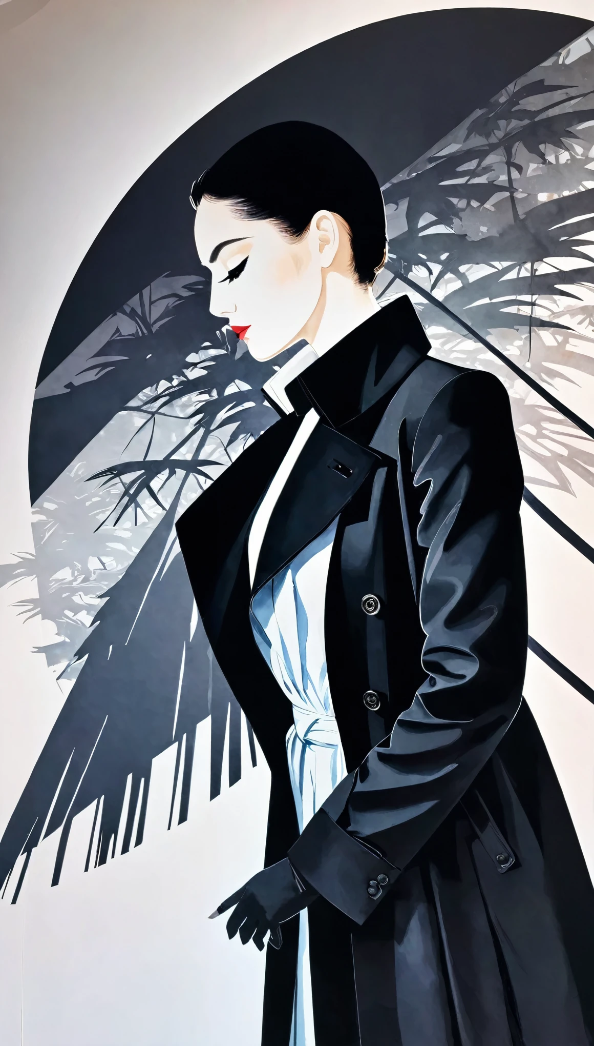 gradient artwork, fusion of watercolors and oil paintings, fusion of paper cutting and shadow puppetry, mix of monochrome and color, best quality, super fine, 16k, 2.5D, delicate and dynamic depiction, Solid black, white lines, person wearing a black trench coat, prime lenses, lens filters, clear subject