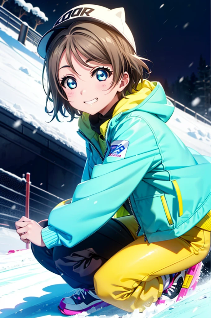 Yo Watanabe, Watanabe Yo, short hair, blue eyes, Brown Hair, smile, Grin,Yellow Wear、Outerwear is blue、Red trousers),sneakers,Snowboarding down a ski slope,whole bodyがイラストに入る,
break ourdoors, Snow Mountain,
break looking at viewer, whole body,(Cowboy Shot:1. 5)
break (masterpiece:1.2), Highest quality, High resolution, unity 8k wallpaper, (figure:0.8), (Beautiful attention to detail:1.6), Highly detailed face, Perfect lighting, Highly detailed CG, (Perfect hands, Perfect Anatomy),