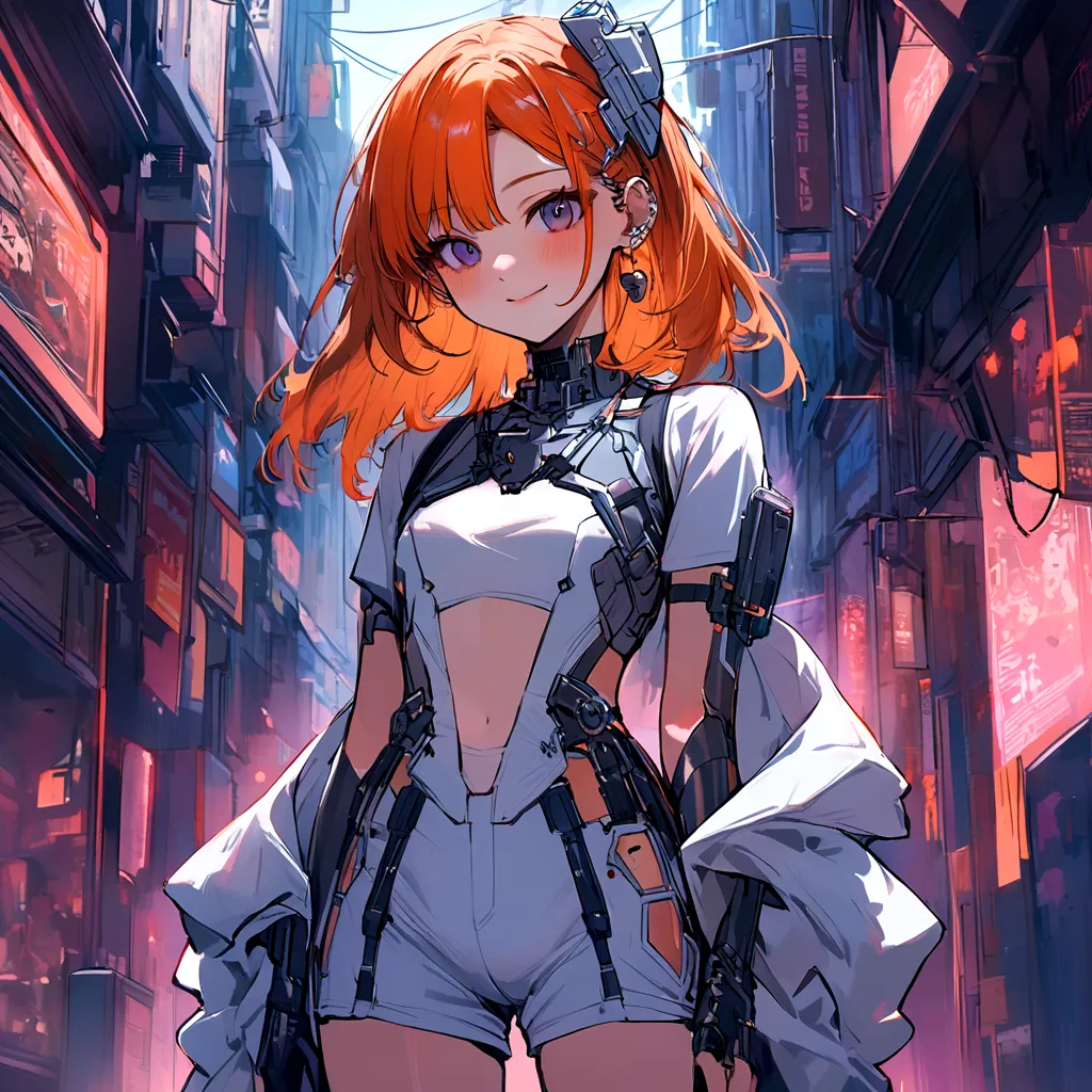 make me a female, 16 years old, long orange hair, cyber outfit, white top and shorts, she has an ear accessory, she's smiling