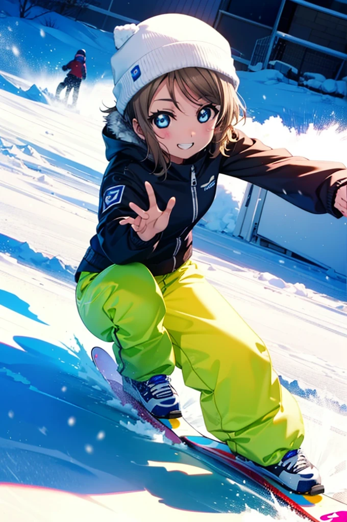 Yo Watanabe, Watanabe Yo, short hair, blue eyes, Brown Hair, smile, Grin,Yellow Wear、Outerwear is blue、Red trousers),sneakers,Snowboarding down a ski slope,whole bodyがイラストに入る,
break ourdoors, Snow Mountain,
break looking at viewer, whole body,(Cowboy Shot:1. 5)
break (masterpiece:1.2), Highest quality, High resolution, unity 8k wallpaper, (figure:0.8), (Beautiful attention to detail:1.6), Highly detailed face, Perfect lighting, Highly detailed CG, (Perfect hands, Perfect Anatomy),