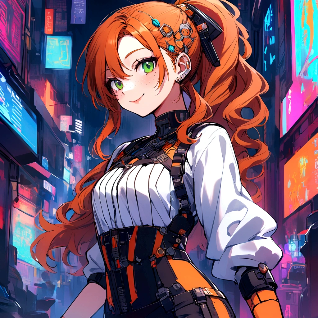 make me a female, 16 years old, long curly orange hair, ponytail, freckles, green eyes, cyber outfit, white top and black shorts, ear accessory, smiling