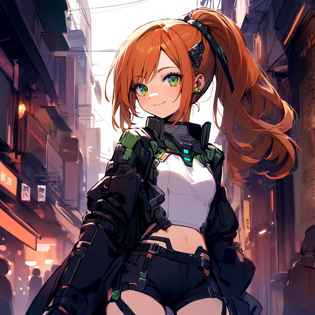 make me a female, 16 years old, long curly orange hair, ponytail, freckles, green eyes, cyber outfit, white top and black shorts, ear accessory, smiling