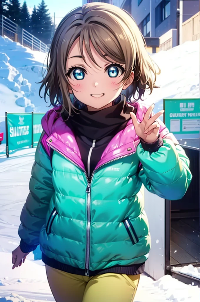 Yo Watanabe, Watanabe Yo, short hair, blue eyes, Brown Hair, smile, Grin,Yellow Wear、Outerwear is blue、Red trousers),sneakers,Snowboarding down a ski slope,whole bodyがイラストに入る,
break ourdoors, Snow Mountain,
break looking at viewer, whole body,(Cowboy Shot:1. 5)
break (masterpiece:1.2), Highest quality, High resolution, unity 8k wallpaper, (figure:0.8), (Beautiful attention to detail:1.6), Highly detailed face, Perfect lighting, Highly detailed CG, (Perfect hands, Perfect Anatomy),