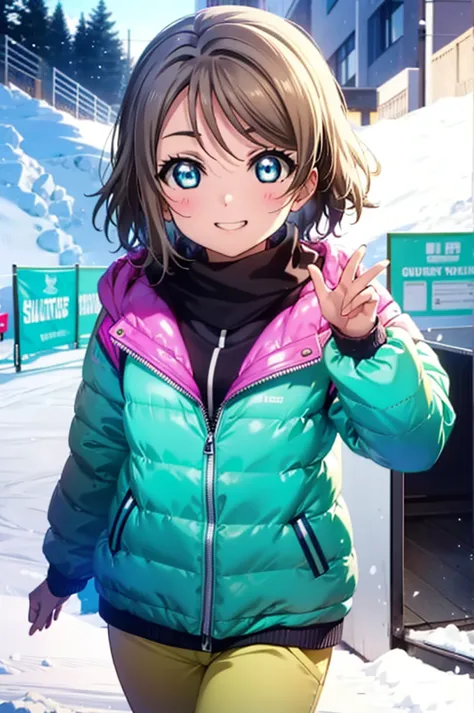 Yo Watanabe, Watanabe Yo, short hair, blue eyes, Brown Hair, smile, Grin,Yellow Wear、Outerwear is blue、Red trousers),sneakers,Sn...