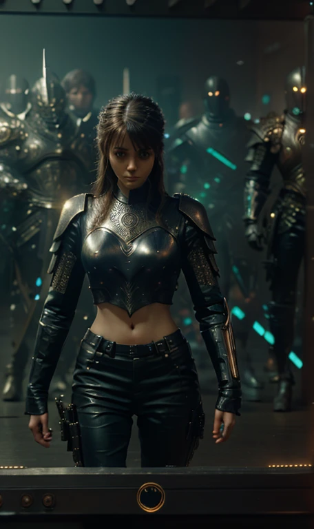 <realistic, intricate details, cinematic, 4k, uhd, ultrarealistic, photorealistic, insanedetails, masterpiece), a beautiful  gorgeous girl, with techno fantasy armour and pants, great sword in the back, lights effects 