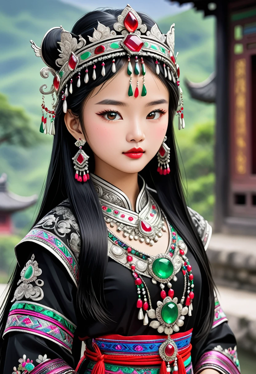 A young 18-year-old Chinese ethnic minority girl, with lustrous jet-black hair, wearing exquisite traditional Miao ethnic clothing, a magnificent silver crown adorned with ruby and emerald jewels ((centered)), 32K, highres