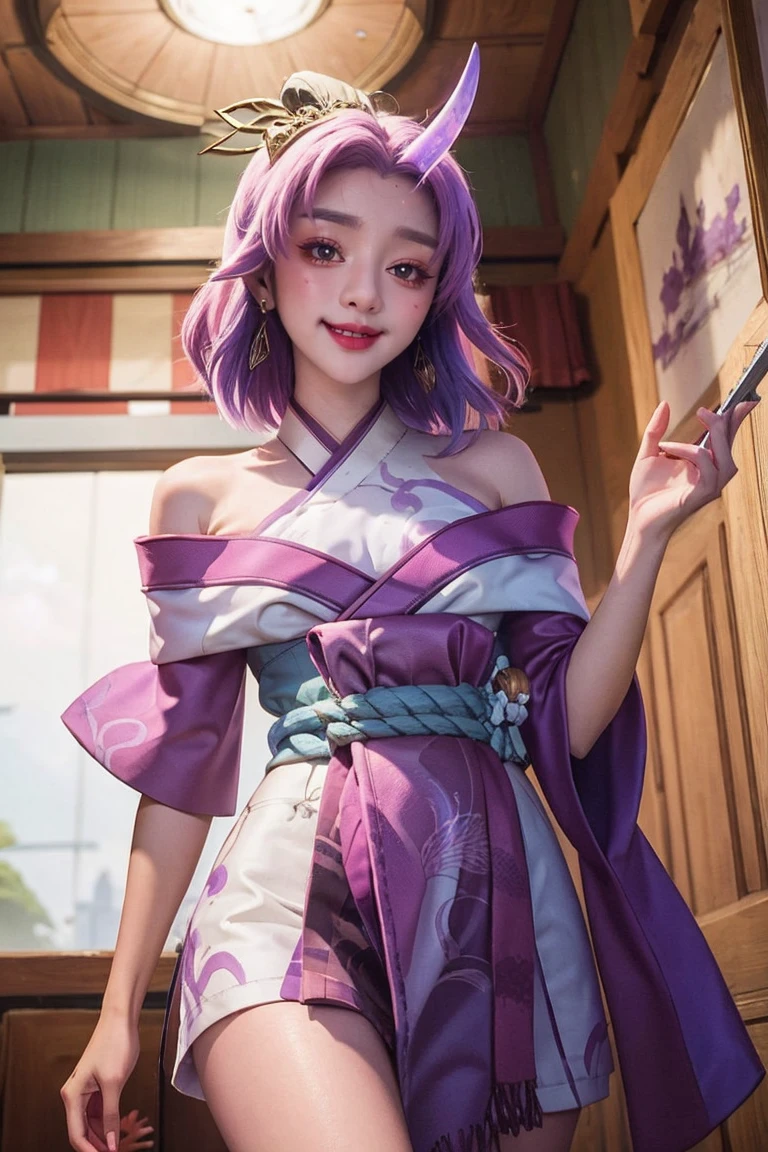 (masterpiece, best quality:1.2) from below intricate details, spirit blossom soraka, 1girl, purple skin, colored skin, single horn, kimono, hair ornament, bare shoulders, smile