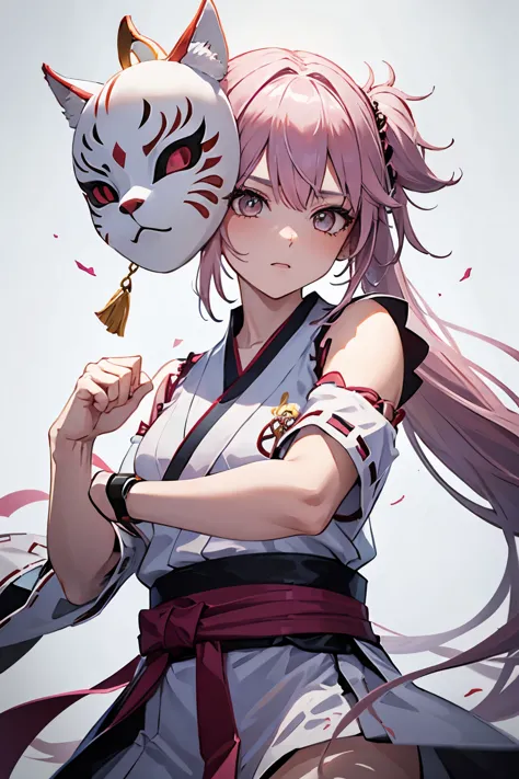 1 girl, pink hair, side ponytail, silver grey eyes, miko outfit and kitsune mask ontop of head, martial arts, fists on fire