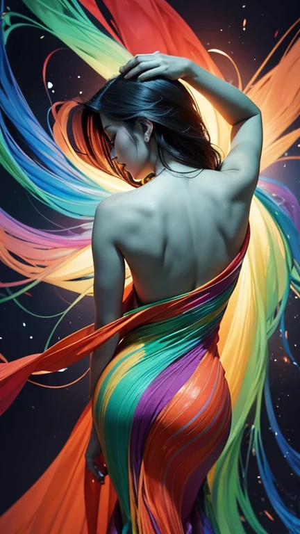 The image depicts an attractive woman naked viewed from the back, with a visually striking and colorful flowing garment. The garment appears to be swirling around the person, creating an ethereal and dynamic effect. The colors of the garment range from deep reds and oranges to vibrant blues and greens, blending seamlessly into each other. The background is dark, which accentuates the vividness of the colors and the movement of the fabric. The overall impression is one of elegance and fluidity, with a touch of surrealism.