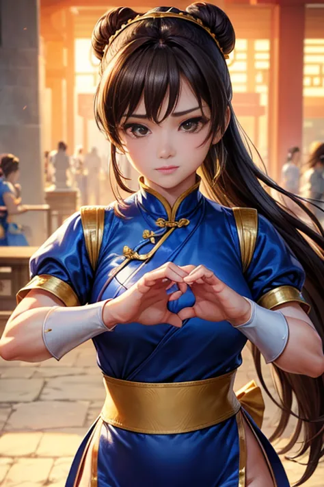 Chun-Li from Street Fight II,perfect chun li costume,blue cheongsam with gold lines,Bun head,Good cover,fighting pose,masterpiec...