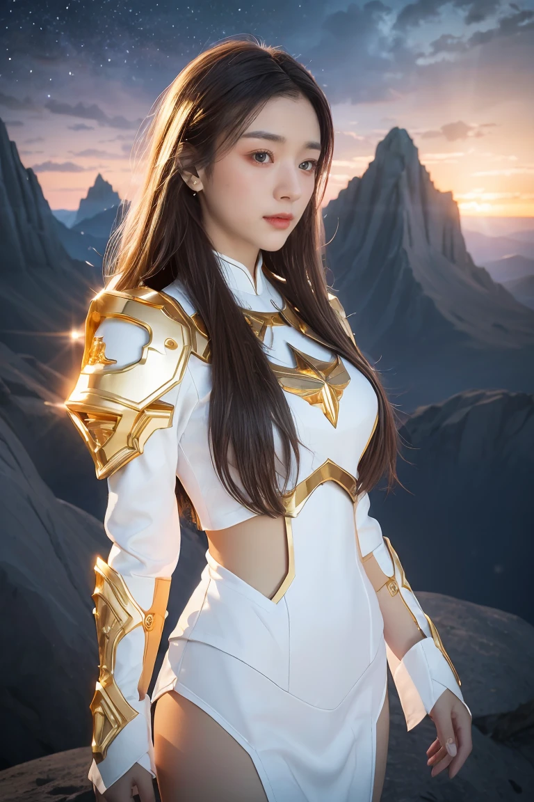 ((masterpiece, best quality, extremely detailed), volumetric lighting, ambient occlusion, colorful, glowing), 1girl, solo, young girl, (dark hair), long hair, halo, aura, sacred, goddess, cleric suit, (white outfit with gold detailst:1.3), armor, outdoors, sunset, sky, clouds, space, (fantasy theme:1.2),