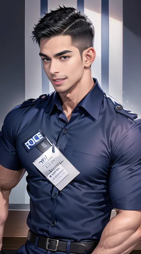 handsome man sit on the table ,(crew cut short hair:1.2),black eye,smile,open mouth (navy police uniform:1.2),(shirt short sleev...