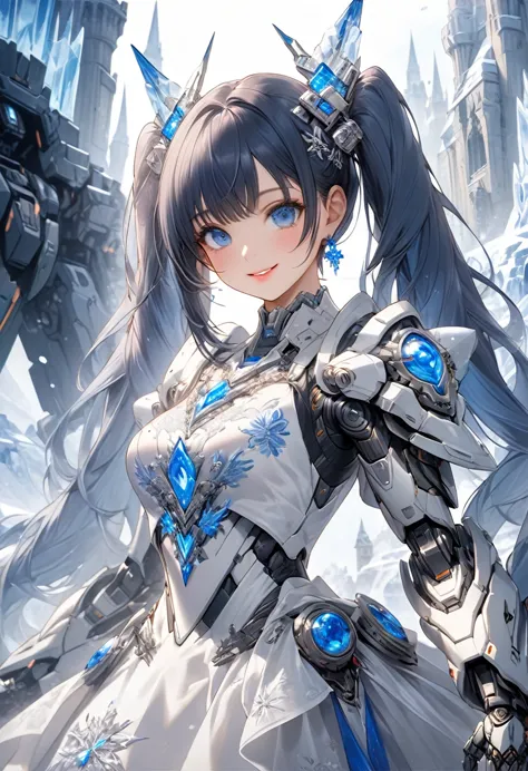 1 girl a picture of her standing in front of an ice castle wearing a fancy frilly dress made of mechs.mechanical dress like robo...