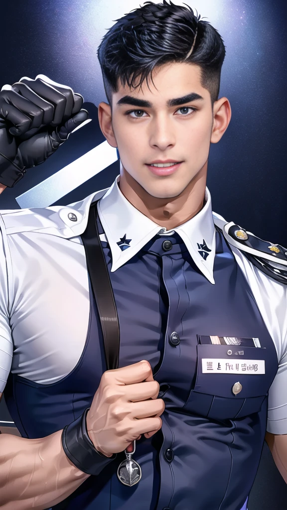 handsome man  sit on the table ,(crew cut short hair:1.2),black eye,smile,open mouth
(navy police uniform:1.2),(shirt short sleeves:1.2),collar,(shirt covered over:1.2),(name tag and Police badge:1.2),(shirt no buttons:1.1),(black_gloves:1.3),
(Navy blue cargo:1.2),Korean guy,korean men,(High gloss details),(chest muscles:1.2),(large arm muscles:1.2),blood vessel,Big muscles,Broad shoulders,looking at the audience,Balancing the eyes,middle of the road,(stage:1.4),