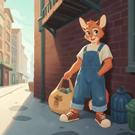 depicts a very pitiful anthropomorphic kitten，wearing a tattered red linen shirt and denim overalls, worn-out cloth shoes, carry...